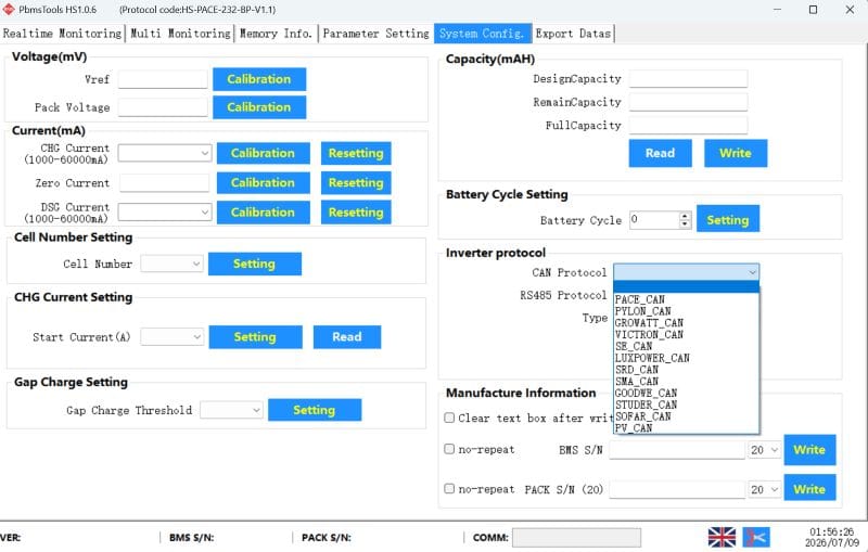 PbmsTools HS1.0.6 Protocal Code HS-PACE-232-BP-V1.1 System Cofigure